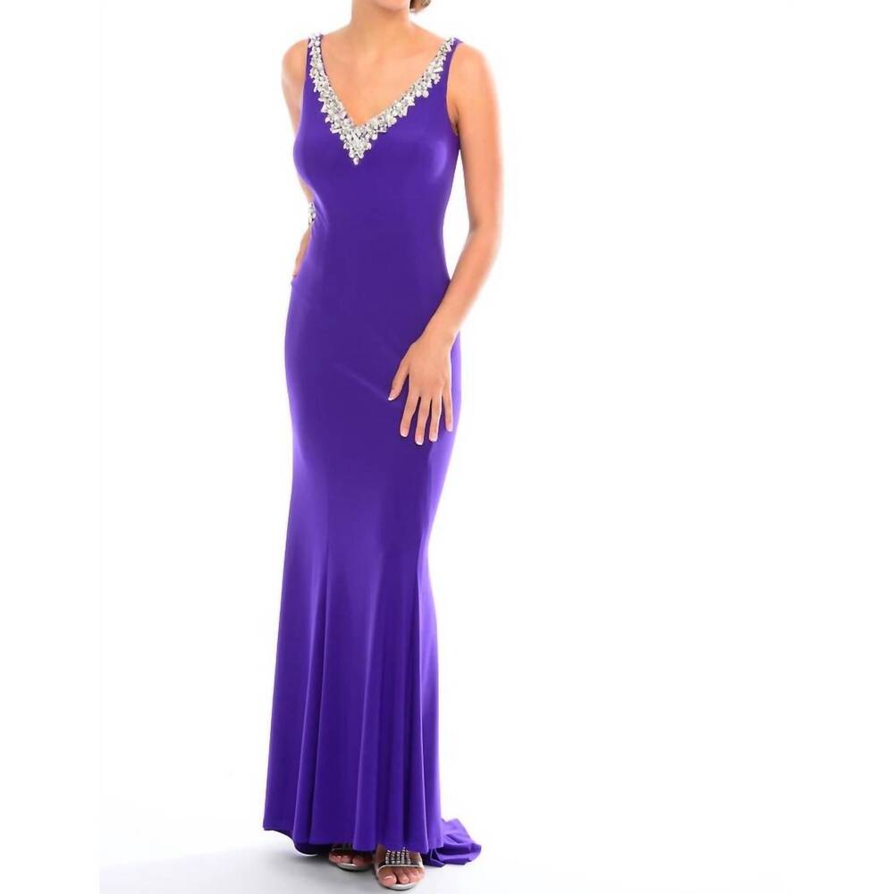 NEW PRECIOUS FORMALS beaded floor-length jersey gown in majestic purple